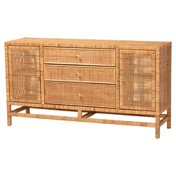 bali & pari Vivan Bohemian Honey Rattan and Mahogany Wood 3-Drawer Storage Cabinet